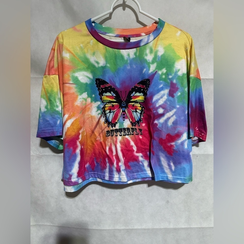 Shein Women’s 1X Crop Top Rainbow Tie Dye Butterfly Graphic Tee T-shirt Colorful